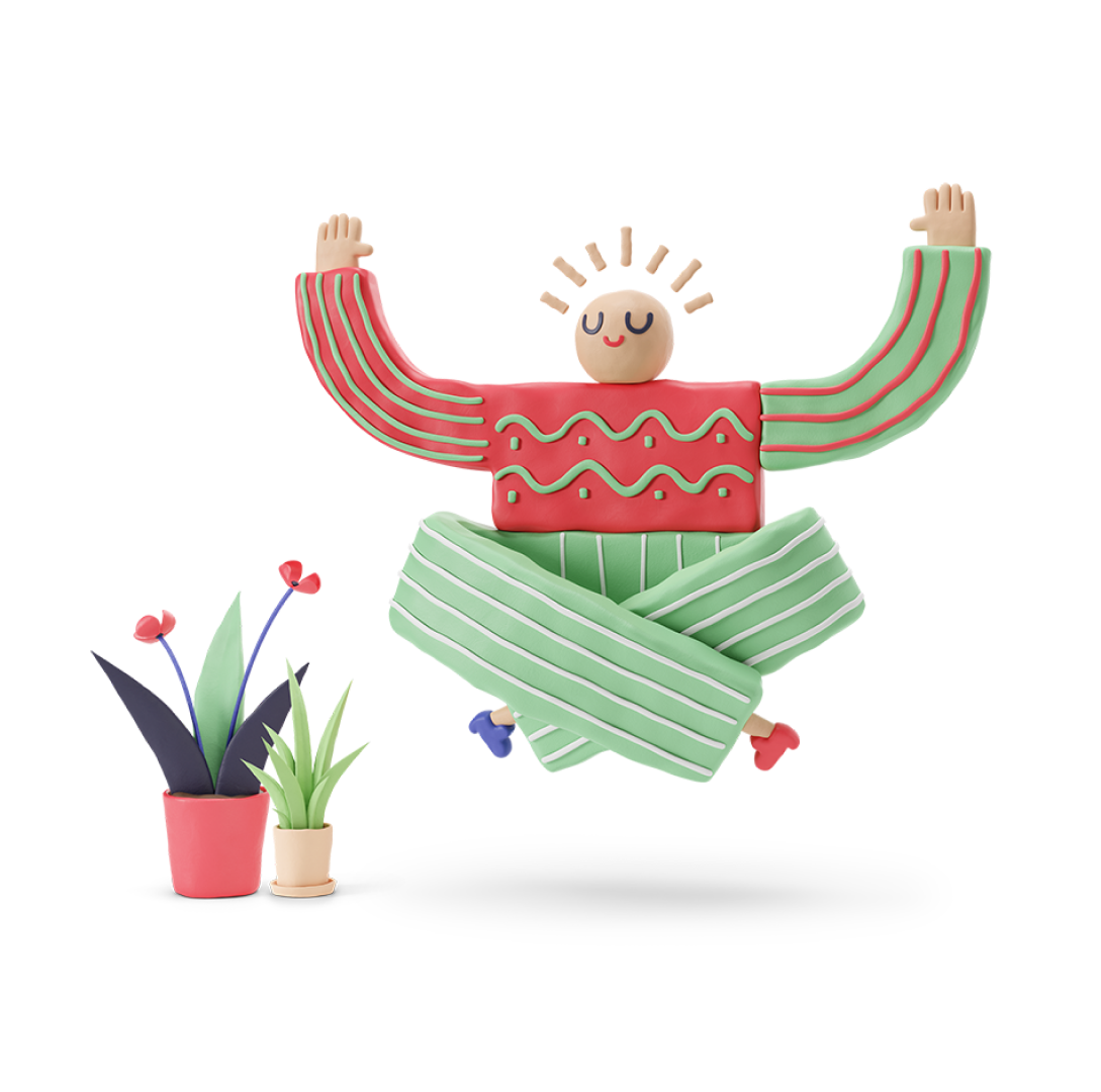 A cheerful illustrated character surrounded by plants